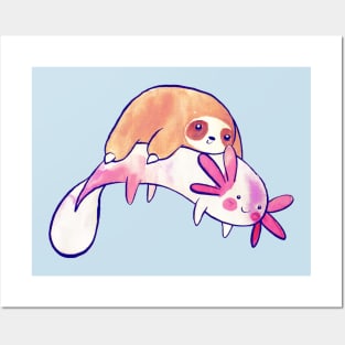 Little Sloth and Big Axolotl Watercolor Posters and Art